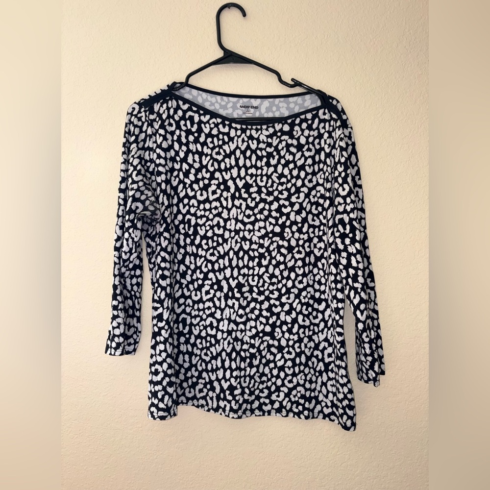 Lands' End Black and White Animal Print Long Sleeve Top